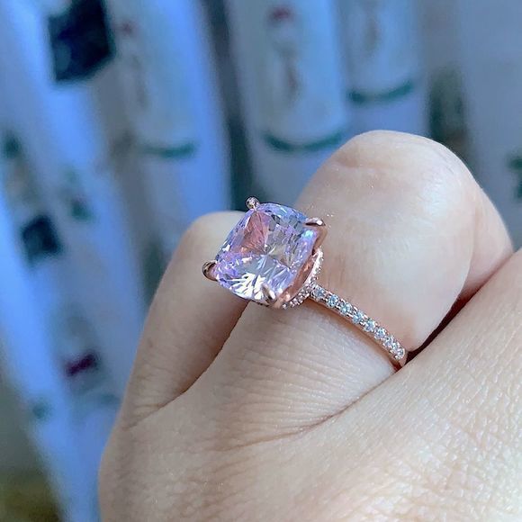 Diamond Under Halo Ring with 5 Carat Cushion Cut‎ Morganite Engagement Ring - Picture 10 of 17